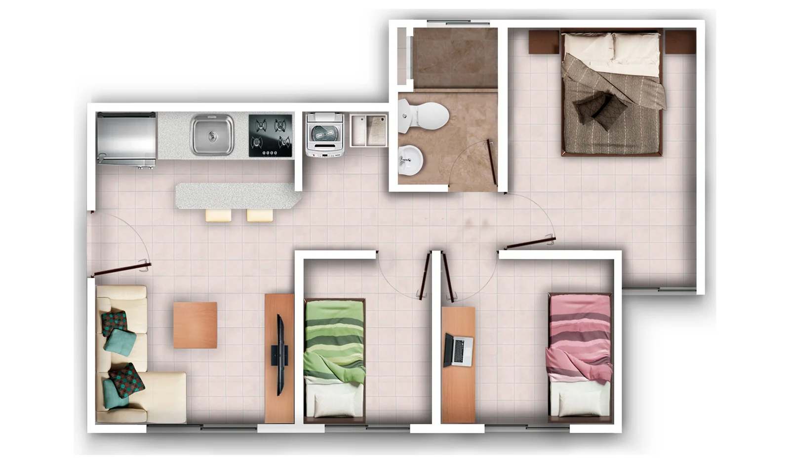 Plano del apartamento terminado con 3 alcobas