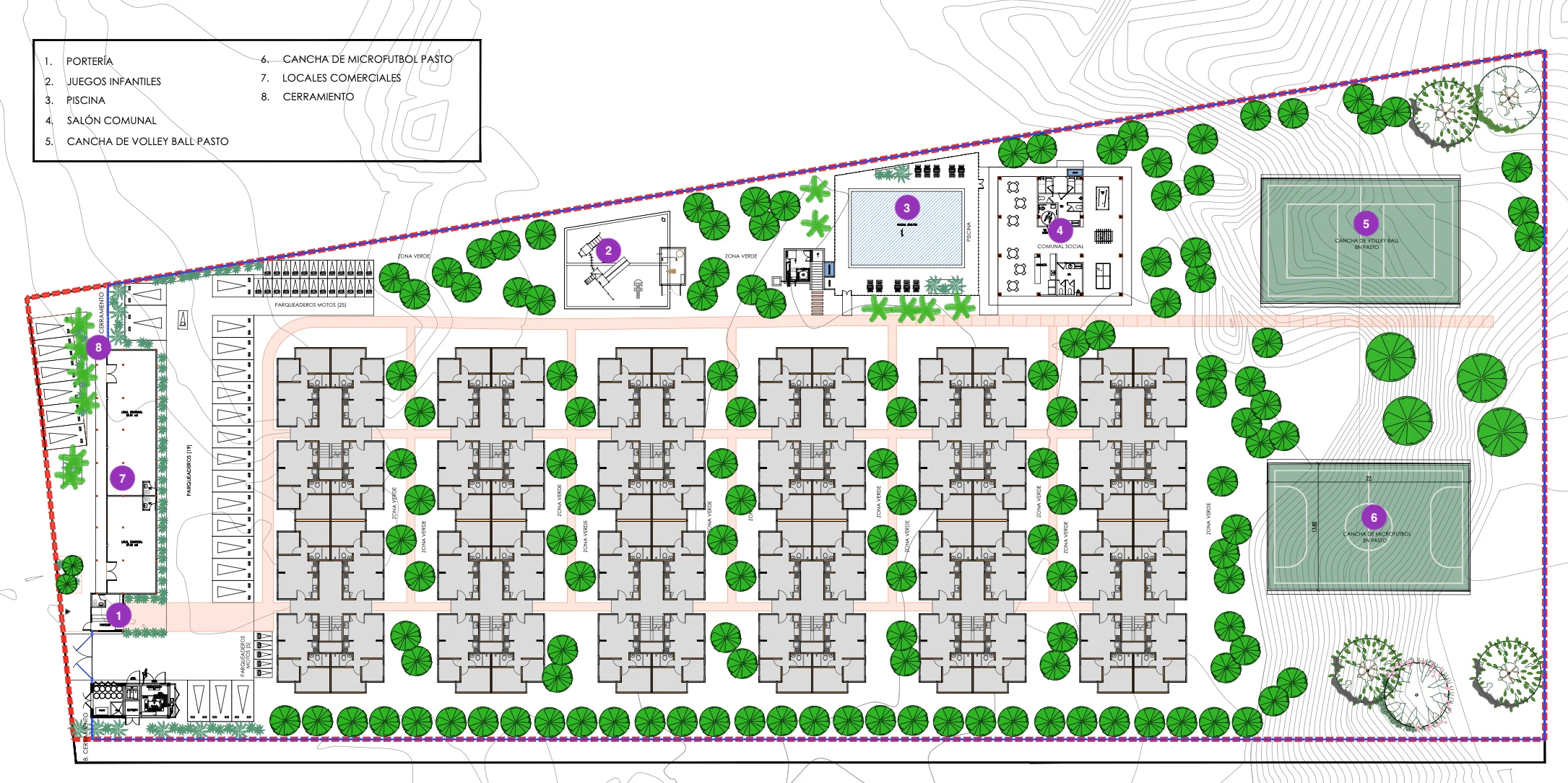 Plano de implantación del proyecto con las zonas comunes numeradas del 1 al 8: portería, juegos infantiles, piscina, salón comunal, cancha de voleibol, cancha de microfútbol, locales comerciales y cerramiento